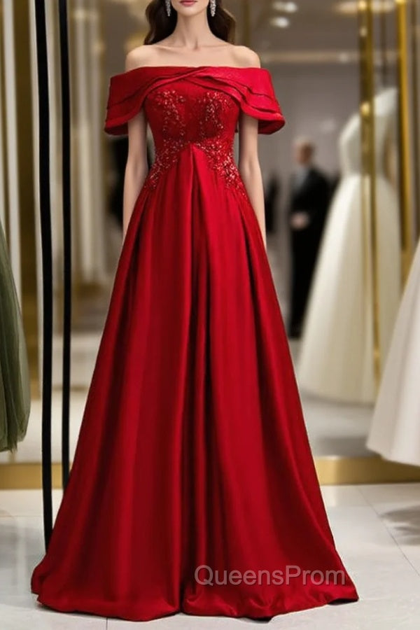 A-Line Burgundy Satin Off the Shoulder Beading Evening Prom Dress Main image
