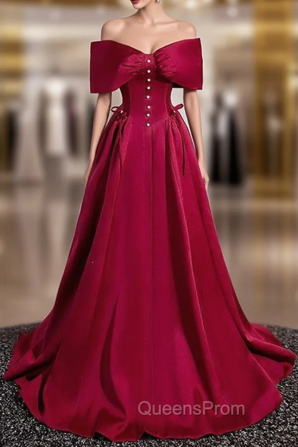 A-Line Burgundy Satin Off the Shoulder Pearls Evening Prom Dress Main image