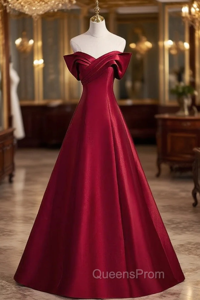 A-Line Burgundy Satin Off the Shoulder Pleats Evening Prom Dress Main image