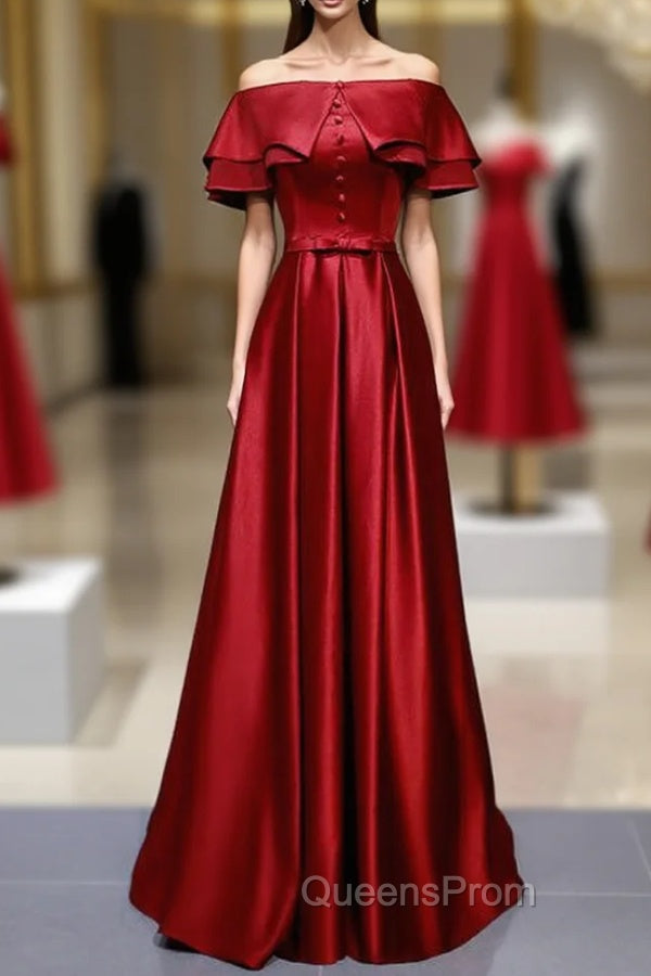 A-Line Burgundy Satin Off the Shoulder Evening Prom Dress With Button Main image
