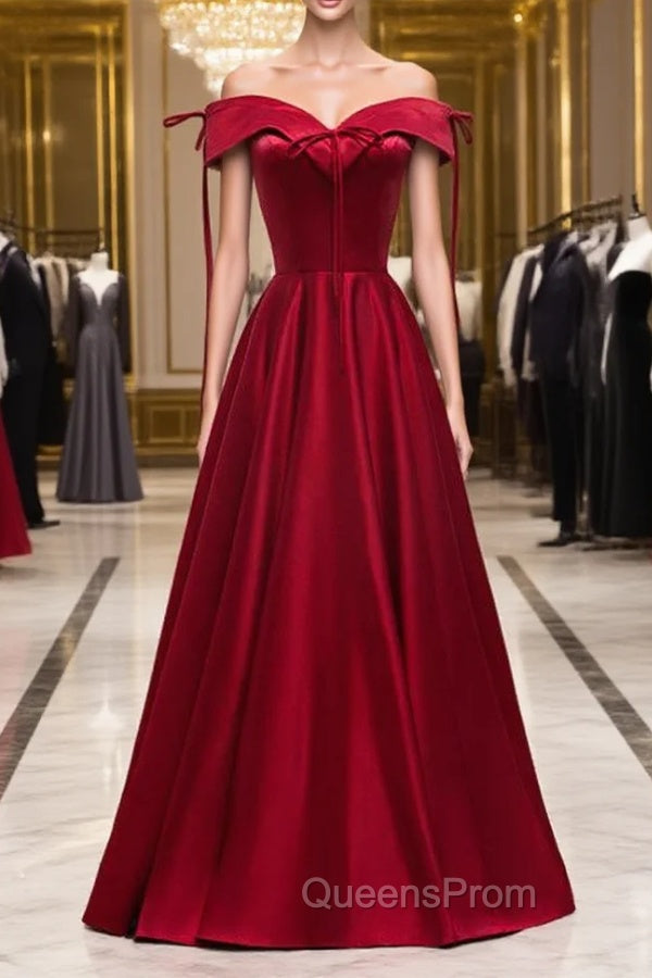 A-Line Burgundy Satin Off the Shoulder Evening Prom Dress Main image
