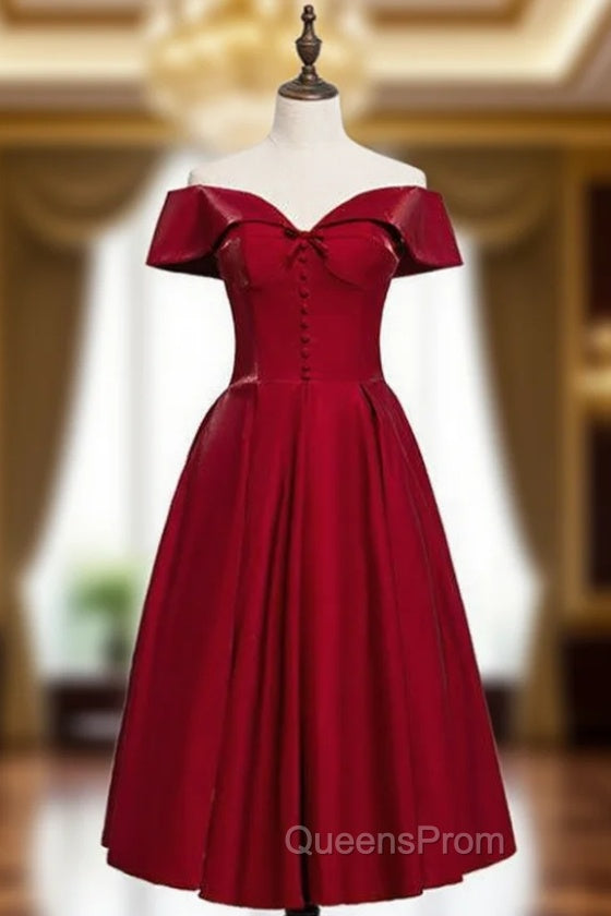 A-Line Burgundy Satin Off the Shoulder Short Tea Length Evening Prom Dress
