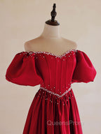 A-Line Burgundy Satin Puff Sleeves Long Evening Prom Dress, Burgundy Evening Dress