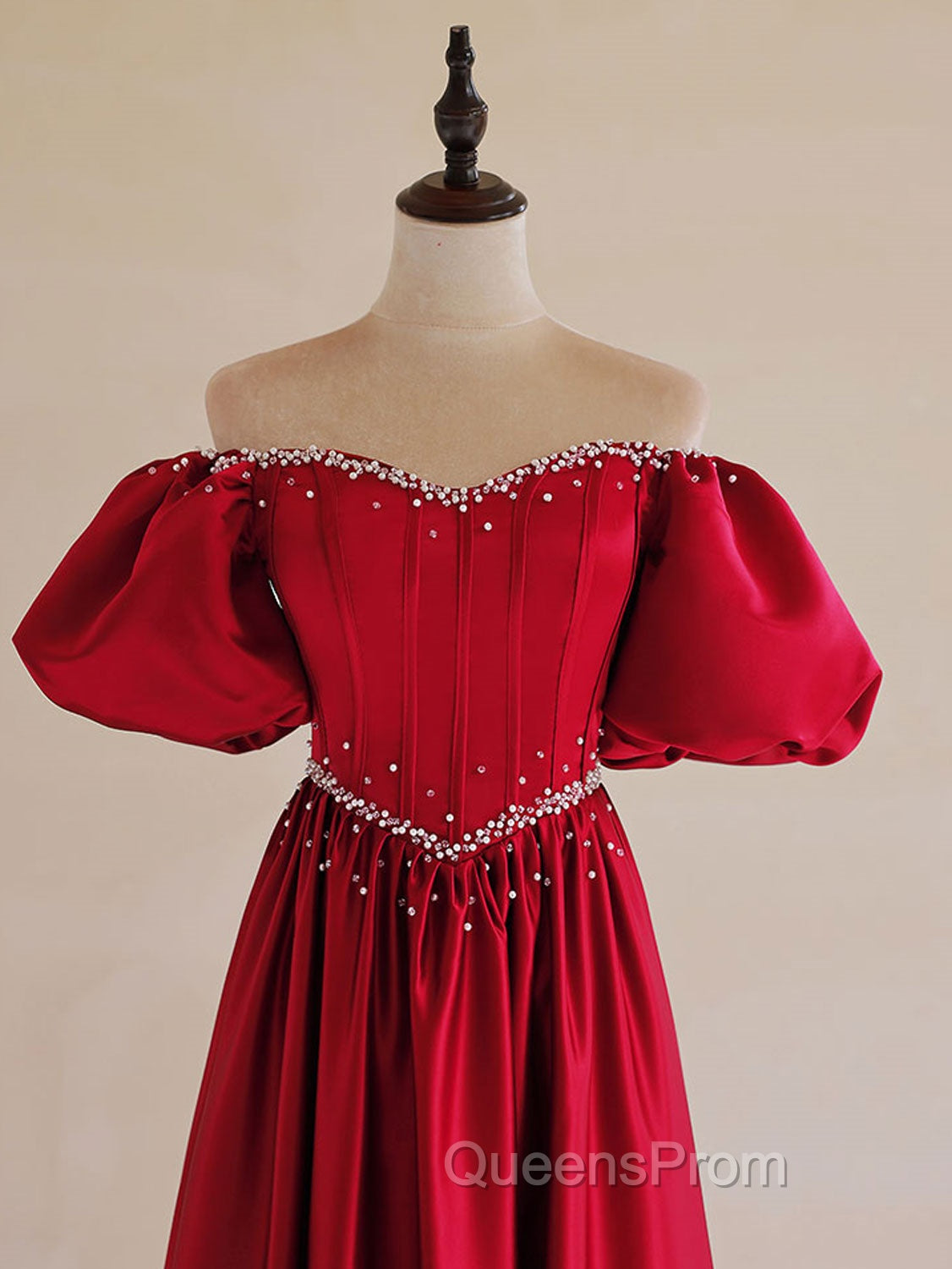 A-Line Burgundy Satin Puff Sleeves Long Evening Prom Dress, Burgundy Evening Dress Secondary image
