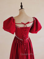A-Line Burgundy Satin Puff Sleeves Long Evening Prom Dress, Burgundy Evening Dress