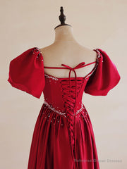 A-Line Burgundy Satin Puff Sleeves Long Prom Dress, Burgundy Formal Evening Dress