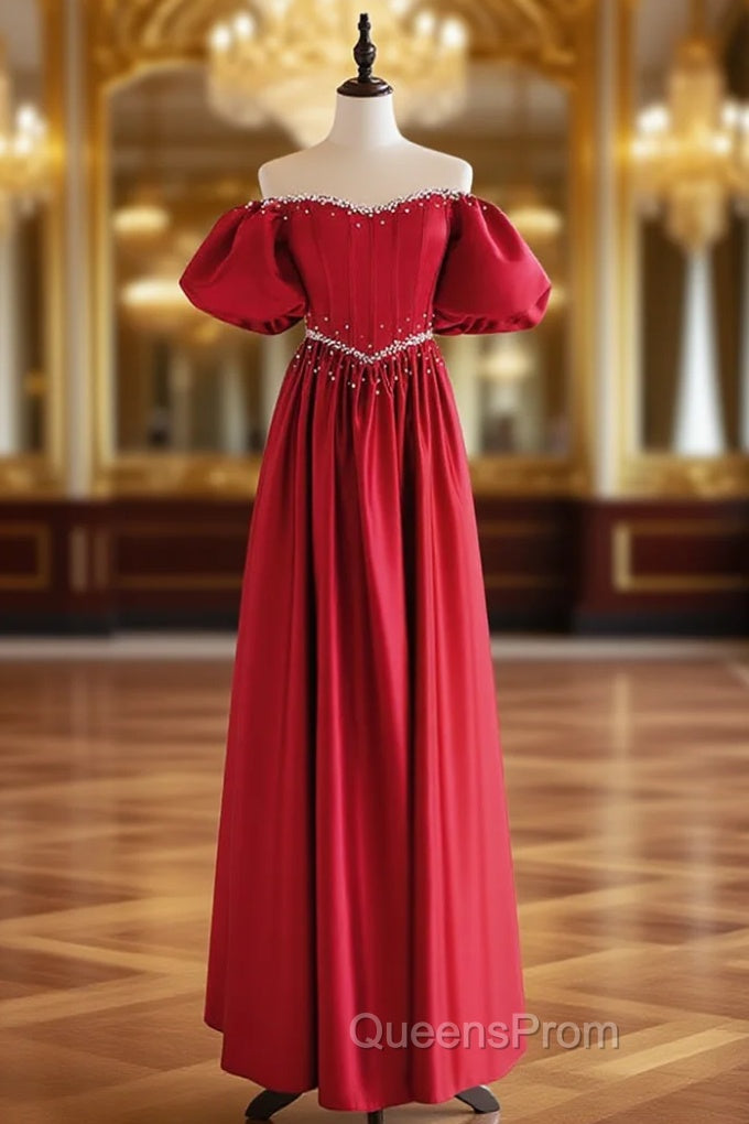 A-Line Burgundy Satin Puff Sleeves Long Evening Prom Dress, Burgundy Evening Dress