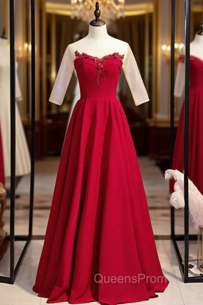 A-Line Burgundy Satin Short Sleeve Appliques Evening Prom Dress Main image