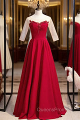 A-Line Burgundy Satin Short Sleeve Appliques Evening Prom Dress