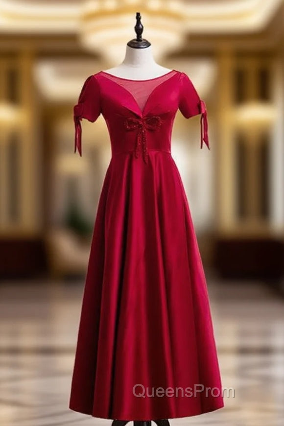 A-Line Burgundy Satin Short Sleeve Beading Evening Prom Dress Main image