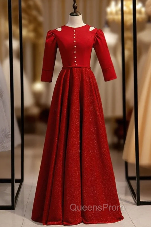 A-Line Burgundy Satin Short Sleeve Evening Prom Dress With Pearls