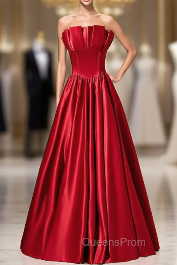 A-Line Burgundy Satin Strapless Pleats Long Evening Prom Dress Main image