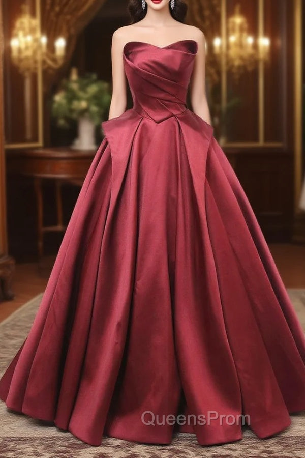 A-Line Burgundy Satin Strapless Pleats Evening Prom Dress Main image