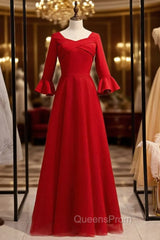 A-Line Burgundy Satin Tulle Half Sleeve Simple Evening Prom Dress