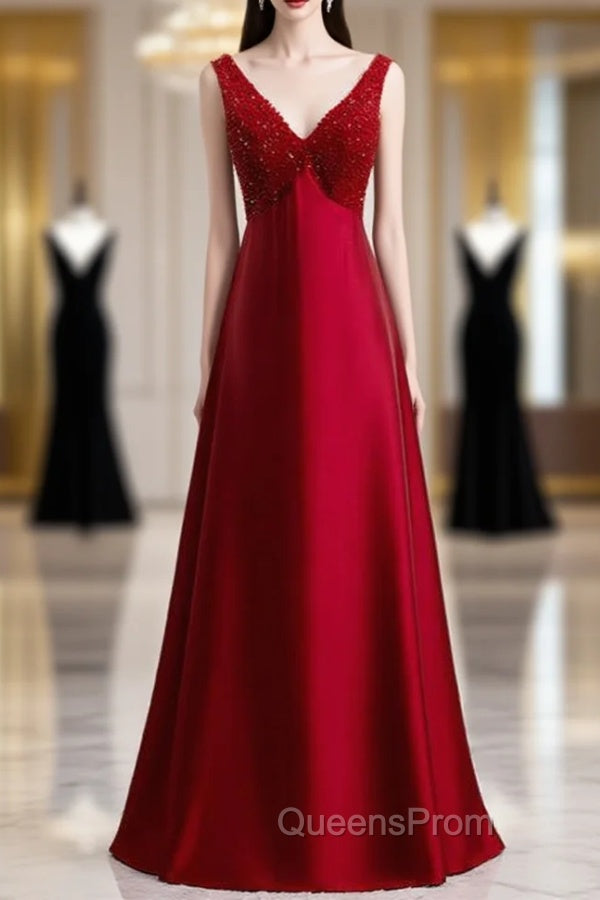 A-Line Burgundy Satin V-neck Beading Evening Prom Dress Main image