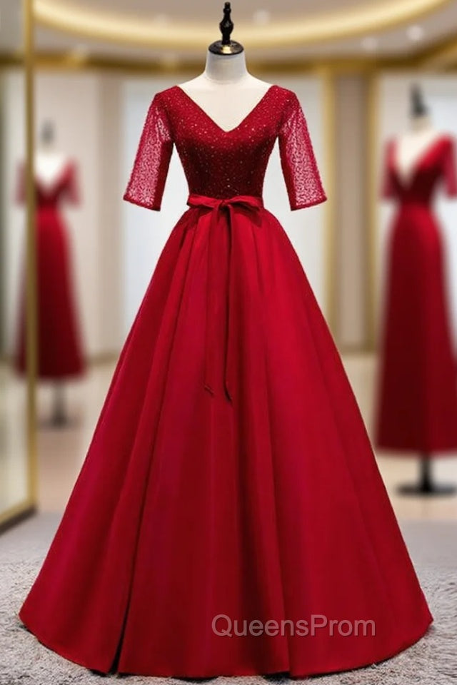 A-Line Burgundy Satin V-neck Short Sleeve Sequins Evening Prom Dress Main image