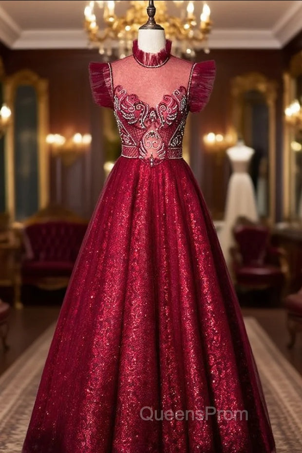A-Line Burgundy Sequins High Neck Beading Crystal Evening Prom Dress Main image