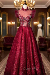 A-Line Burgundy Sequins High Neck Beading Crystal Evening Prom Dress