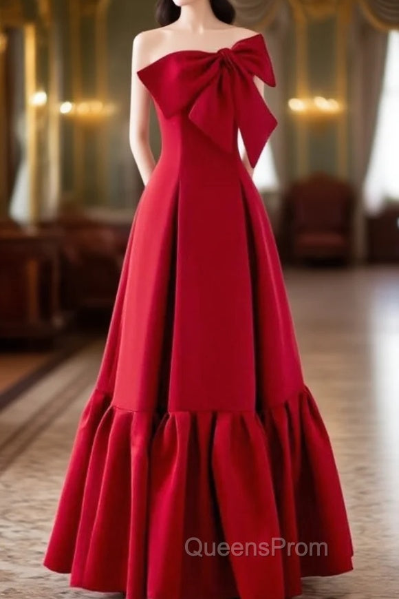 A-Line Burgundy Straples Bow Evening Prom Dress Main image