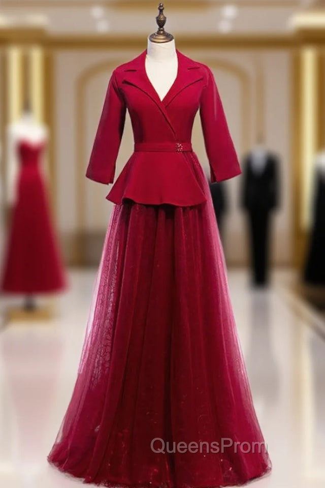 A-Line Burgundy Tulle 3/4 Sleeve V-neck Evening Prom Dress Main image