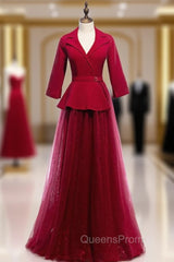 A-Line Burgundy Tulle 3/4 Sleeve V-neck Evening Prom Dress