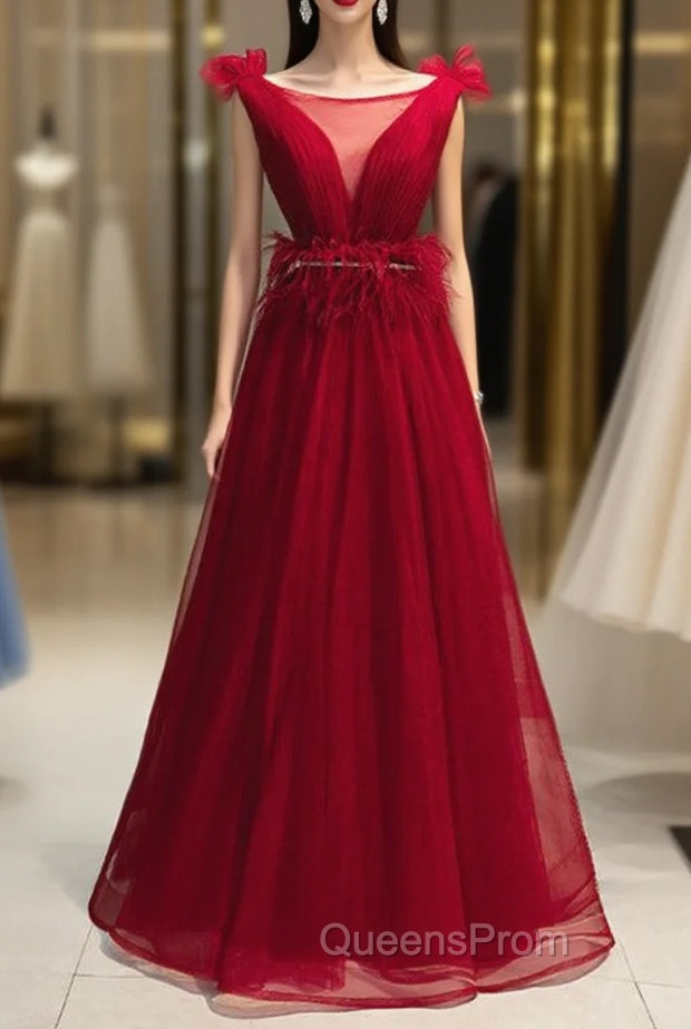 A-Line Burgundy Tulle Bateau Pleats Evening Prom Dress With Feather