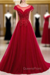 A-Line Burgundy Tulle Cap SLeeve Backless Evening Prom Dress