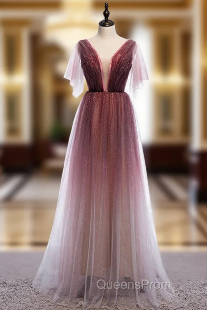 A-Line Burgundy Tulle Deep V-neck Pleats Evening Prom Dress Main image