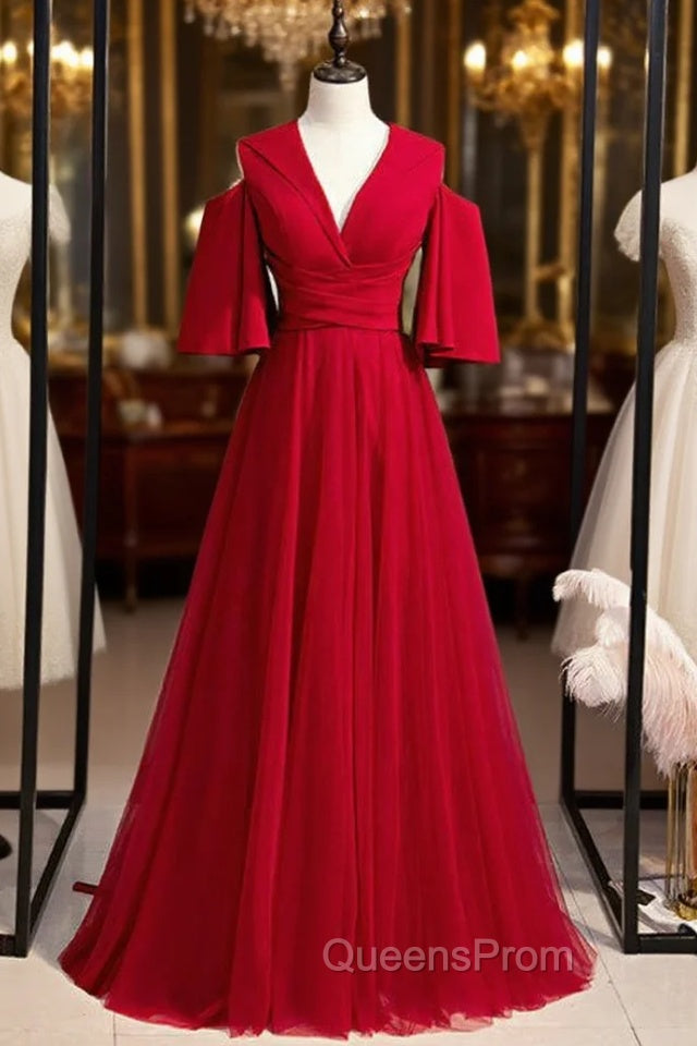 A-Line Burgundy Tulle Deep V-neck Evening Prom Dress