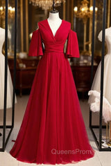 A-Line Burgundy Tulle Deep V-neck Evening Prom Dress