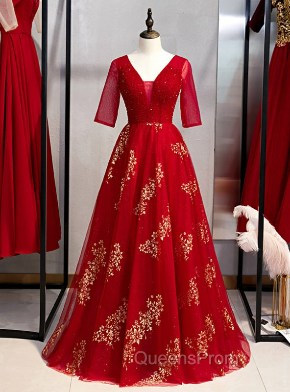 A-Line Burgundy Tulle Gold Sequins V-neck Short Sleeve Evening Prom Dress Main image