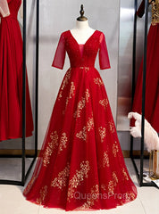 A-Line Burgundy Tulle Gold Sequins V-neck Short Sleeve Evening Prom Dress