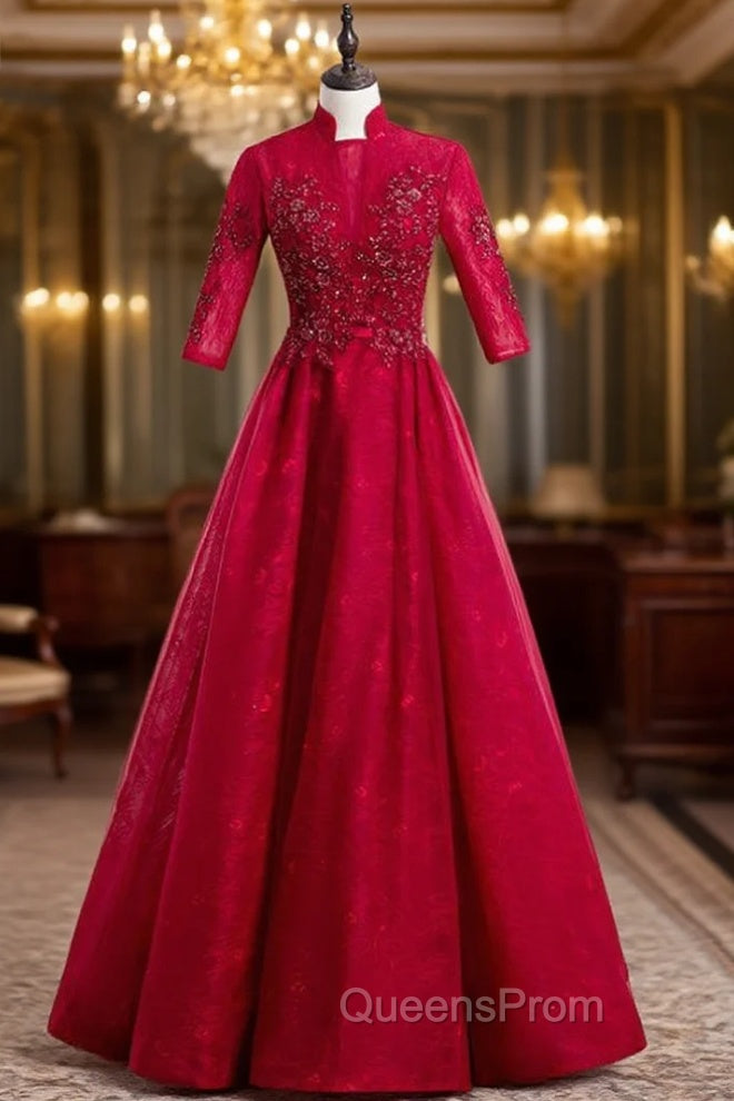 A-Line Burgundy Tulle Lace High Neck Short Sleeve Evening Prom Dress