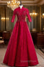 A-Line Burgundy Tulle Lace High Neck Short Sleeve Evening Prom Dress