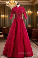 A-Line Burgundy Tulle Lace High Neck Short Sleeve Evening Prom Dress