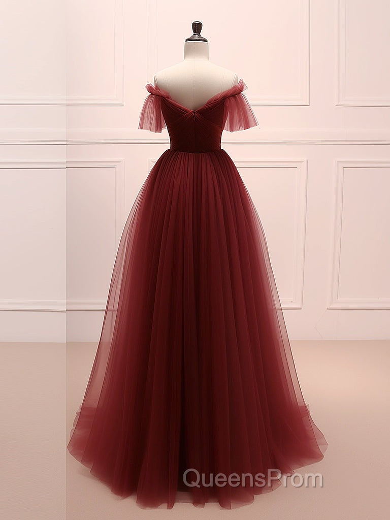 A-Line Burgundy Tulle Long Evening Prom Dress, Burgundy Long Evening Dress Secondary image
