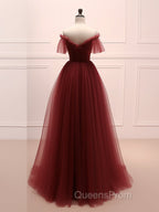 A-Line Burgundy Tulle Long Evening Prom Dress, Burgundy Long Evening Dress