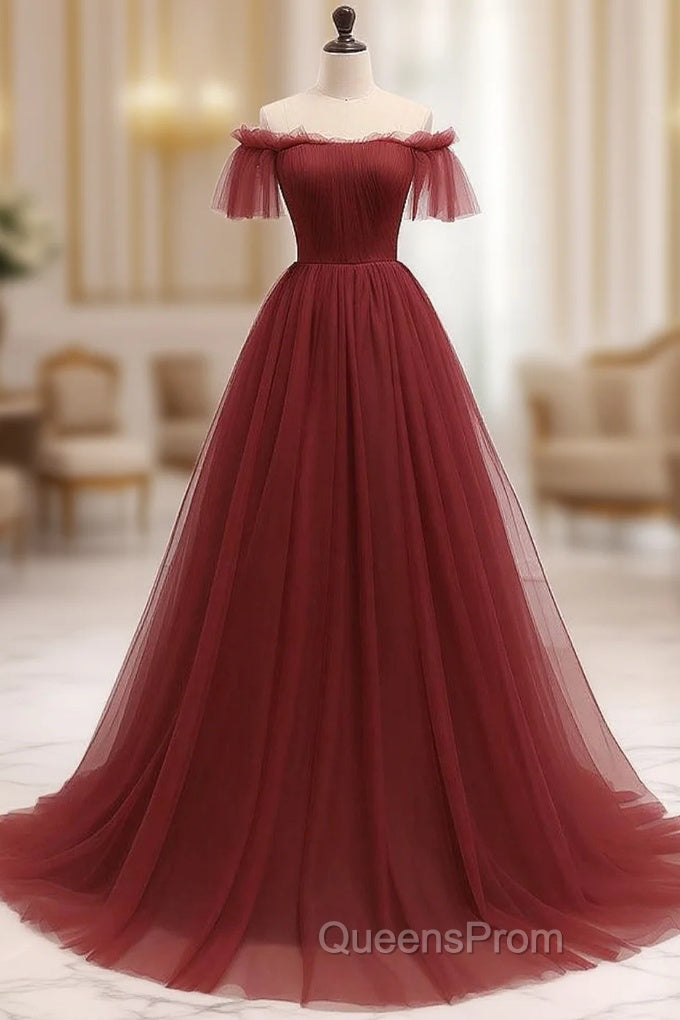 A-Line Burgundy Tulle Long Evening Prom Dress, Burgundy Long Evening Dress Main image