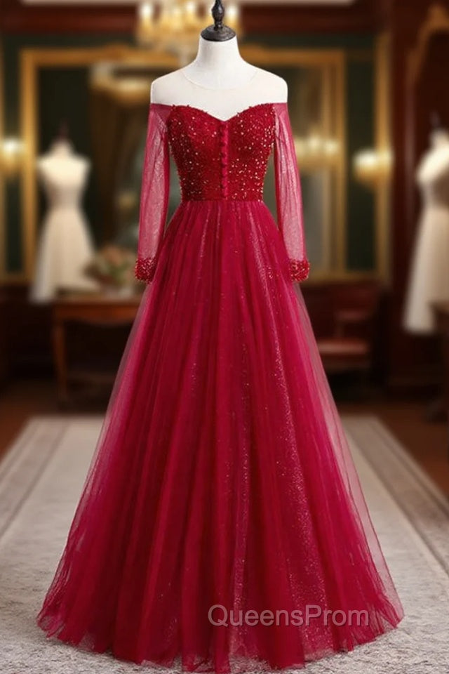 A-Line Burgundy Tulle Long Sleeve Backless Evening Prom Dress With Beading Main image
