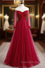 A-Line Burgundy Tulle Long Sleeve Backless Evening Prom Dress With Beading