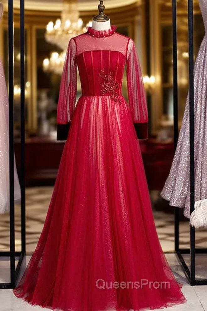 A-Line Burgundy Tulle Long Sleeve Backless Evening Prom Dress Main image