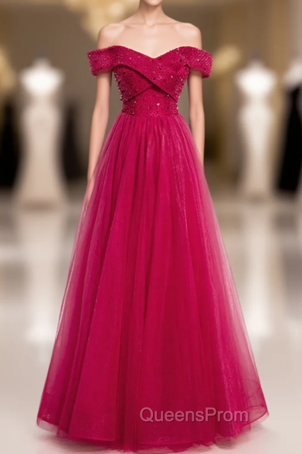 A-Line Burgundy Tulle Off the Shoulder Beading Sequins Evening Prom Dress