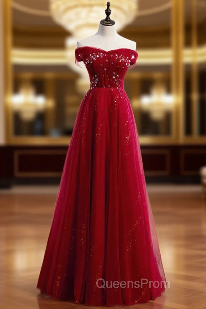 A-Line Burgundy Tulle Off the Shoulder Sequins Evening Prom Dress Main image