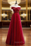 A-Line Burgundy Tulle Off the Shoulder Sequins Evening Prom Dress