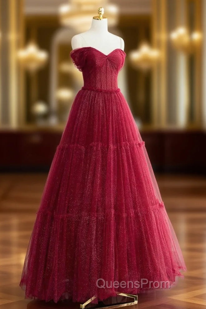 A-Line Burgundy Tulle Pleats Off the Shoulder Evening Prom Dress Main image