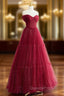A-Line Burgundy Tulle Pleats Off the Shoulder Evening Prom Dress