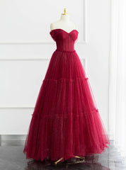 A-Line Burgundy Tulle Pleats Off the Shoulder Prom Dress