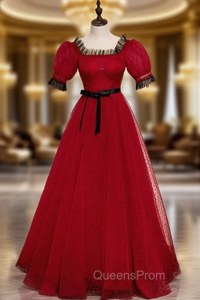 A-Line Burgundy Tulle Puff Sleeve Evening Prom Dress Main image