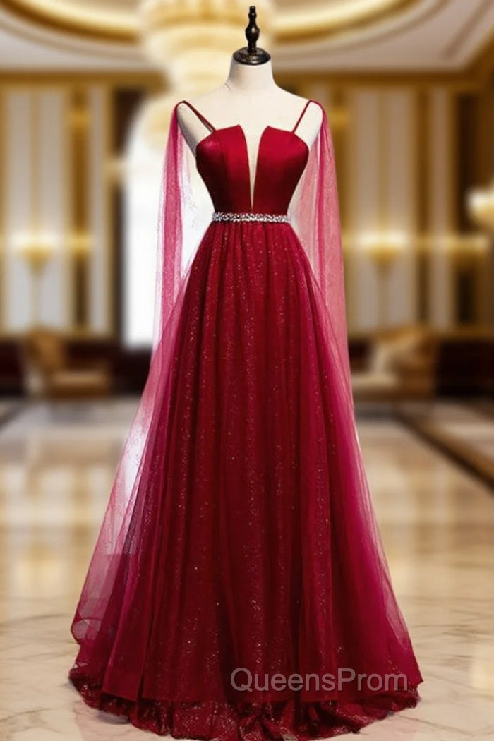 A-Line Burgundy Tulle Saghetti Straps Beading Evening Prom Dress Main image