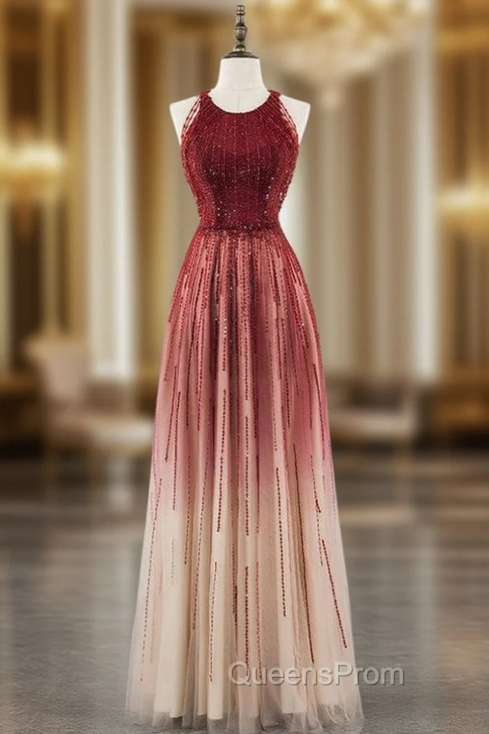 A-Line Burgundy Tulle Scoop Sleeveless Beading Sequins Evening Prom Dress Main image